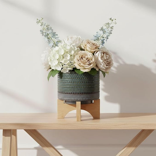 Ceramic Dotted Planter with Wood Stand for Home Decor - Modern Flower Planters for Patio, Entryway, and Garden - Small Decorative Pot Display for Indoor and Outdoor Plants - 8", Green & Tan