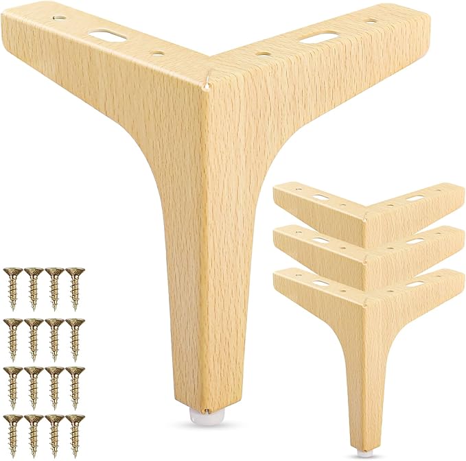 La Vane 6 Inch Metal Furniture Legs, Set of 4 - Modern Diamond Triangle Natural Wood DIY Replacement Feet Corner Legs for Cabinet, Sofa, Sideboard, Couch, Dresser Makeover