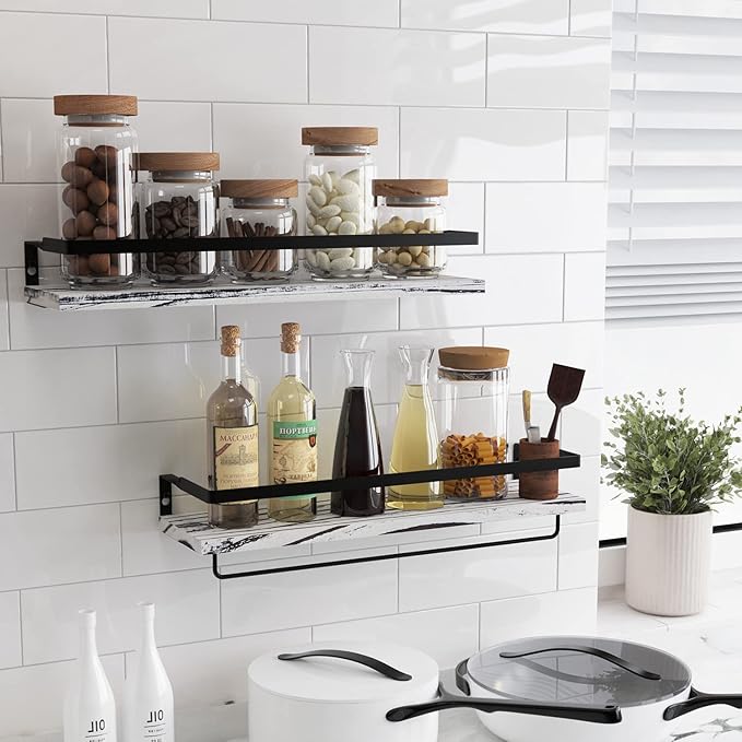 Floating Shelves for Wall, Bathroom Shelves with Towel Bar, Wall Mounted Storage Shelves for Kitchen, Bathroom, Set of 2 Grey