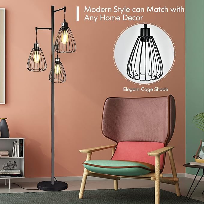Tangkula Industrial Floor Lamp, 3-Light Tall Tree Lamp with 3 Hanging Lampshades, Freestanding Teardrop Cage Floor Light with Lamp Holder, Bulb, Foot Switch for Hallway, Living Room, Bedroom