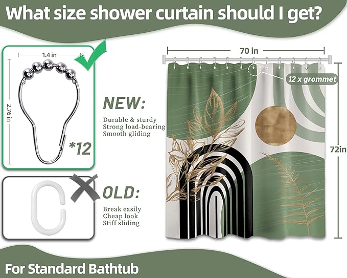 Sage Green Shower Curtain Boho Mid Century White and Light Green and Black Shower Curtains for Bathroom Decor, Waterproof Cloth Fabric with Hooks, 70" W x 72" L