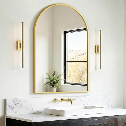 FICTOR Bathroom Mirror for Wall, Arched Vanity Bathroom Mirror for Over Sink, Metal Framed with HD Shatter-Proof Glass for Entryway, Living Room,Bedroom(24”x 36”, Gold)