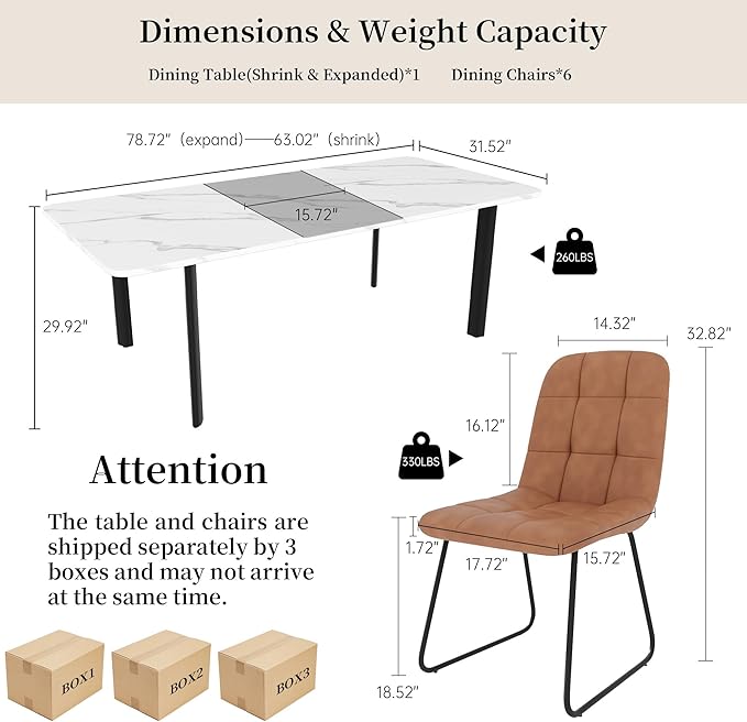 Extendable Dining Table Set for 6-8 People, 63 to 78.7 Inch MDF Kitchen Table with 6 Upholstered Chairs, Space-Saving for Dining Room, Breakfast Nook (White Table & 6 Brown U-Shaped Chairs)
