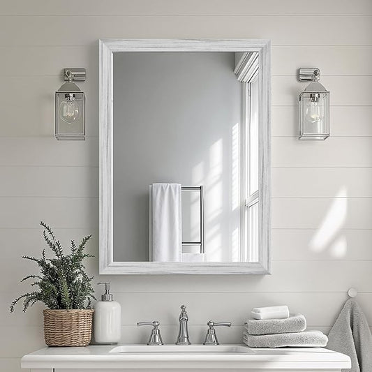 White Wood Effect Framed Wall Mirror, 22x30 Rectangle Mirror, 1/8" Anti-desilvering Tempered Glass, Sustainable& Sturdy Frame, Anti-Rust, HD Reflection &3min Fast Setup for Bathroom Living Room