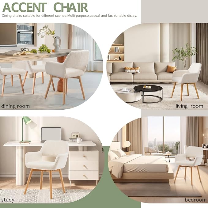 Mid Century Modern Dining Chairs Set of 4 & 2 & 6 Comfy Accent Chair Upholstered Kitchen Dining Living Room Chairs for Bedrooms Waiting Room Home Arm Desk Chair No Wheels (Wool White, 4)