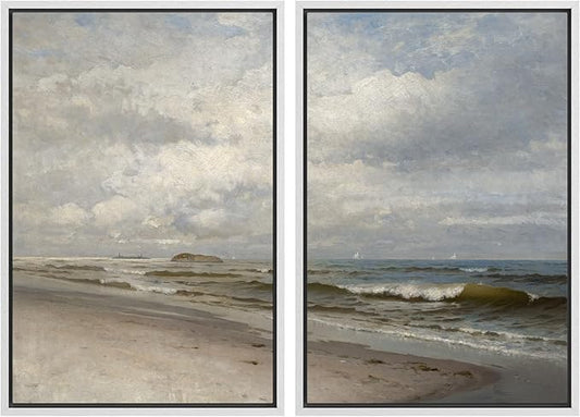 IDEA4WALL Framed Canvas Print Wall Art Set Coastal Beach Scene Classic Ocean View Illustrations Modern Art Decorative Coastal Cottage Seascape for Bedroom - 24"x36"x2 WHITE