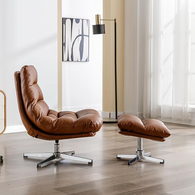 Swivel Accent Chair with Ottoman, Mid Century Modern Faux Leather Lounge Chair with footrest, Comfy Oversized Armchair with 360 Degree Metal Base for Living Room/Bedroom, Brown