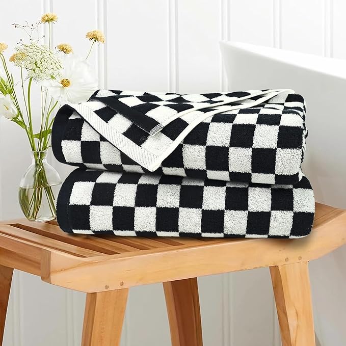 Jacquotha Black and White Checkered Cotton Bath Towels Set of 2 - Cute Aesthetic Towels for Bathroom Decor, Pool, Beach, Spa, 27.5" x 55"