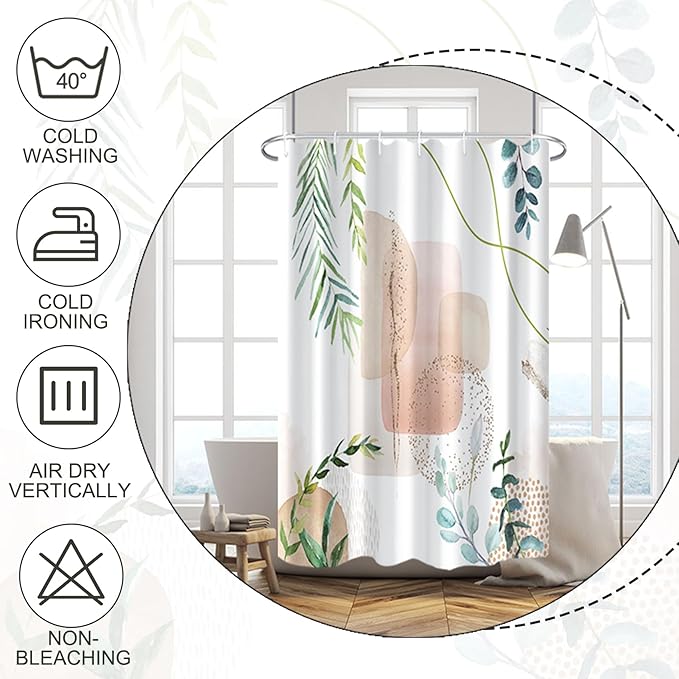 Baocicoo Minimalist Leaves Shower Curtain - Modern Abstract Geometric Botanical for Bathroom, Family, Camping, Hostel - Polyester with Hooks - 36x72 Inches