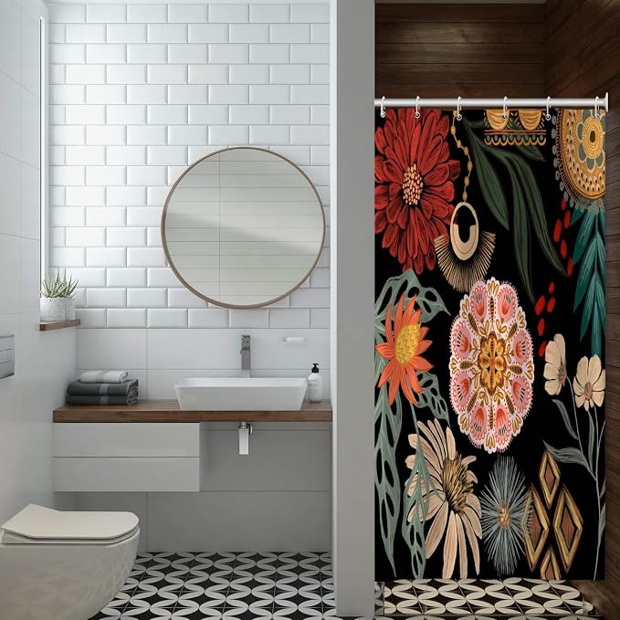 Black Boho Floral Shower Curtain Abstract Botanical Mid Century Modern Bathroom Decor Tropical Flower Shower Curtain with 6 Hooks,36x72 inches