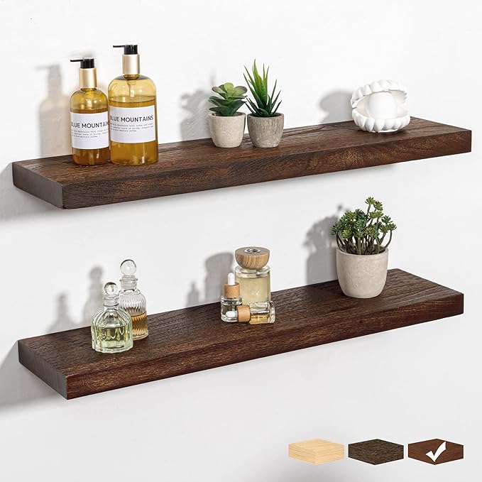 RICHFOCUS Rustic Wooden Floating Shelves for Wall - 30 Inch Wood Shelves Set of 2-7.9 Inch Deep Solid Paulownia Wood Wall Mounted Shelves with Upgraded Metal Brackets for Room Decor, Mahogany