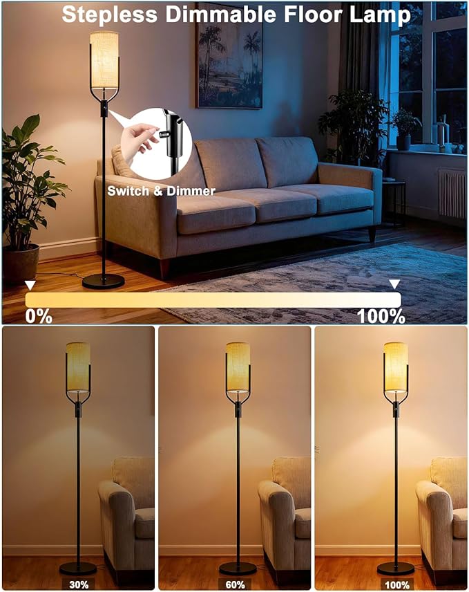 64.6IN Gold Floor Lamp - Dimmable LED Floor Lamp with Linen Shade, 3000K Soft Warm White | Bulbs Included | Modern Tall Lamp for Living Room, Bedroom, Wedding & Party