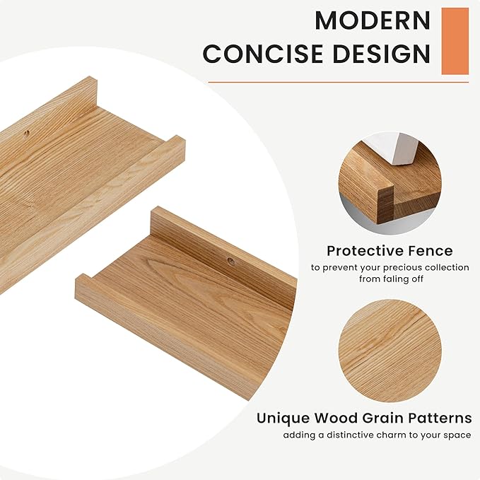 Picture Ledge Shelf, 72 inch Solid Ash Wood Floating Shelves Set of 2, Picture Ledge Photo Ledge Wall Mounted for Living Room Kids' Room Bedroom, Color Natural