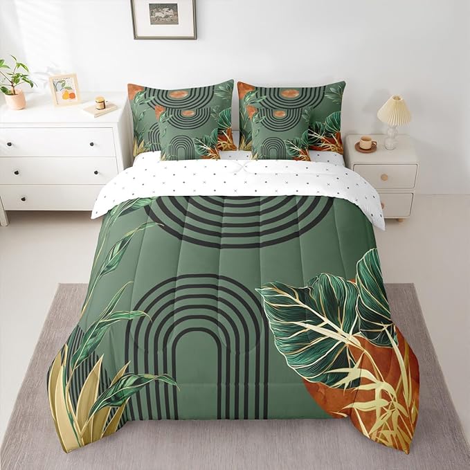Erosebridal Mid Century Green Twin Comforter Set with Sheets 7 Piece Boho Minimalist Aesthetic Bed in A Bag Modern Plant Botanical Palm Leaf Bedding Sets Abstract Retro Geometric Neutral Bed Set