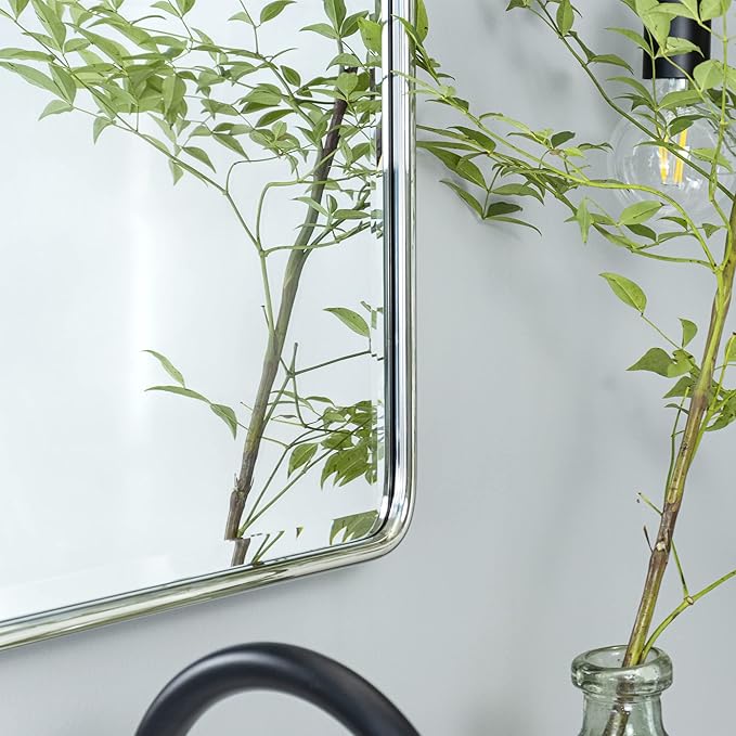 TEHOME Chrome Pivot Rectangle Bathroom Vanity Mirrror Farmhouse Tiltable Rounded Metal Framed Pivoting Bathroom Mirror with Beveled Mirrror, Overall 26.91 x 35 inches (Mirrror 23 x 35 inches)