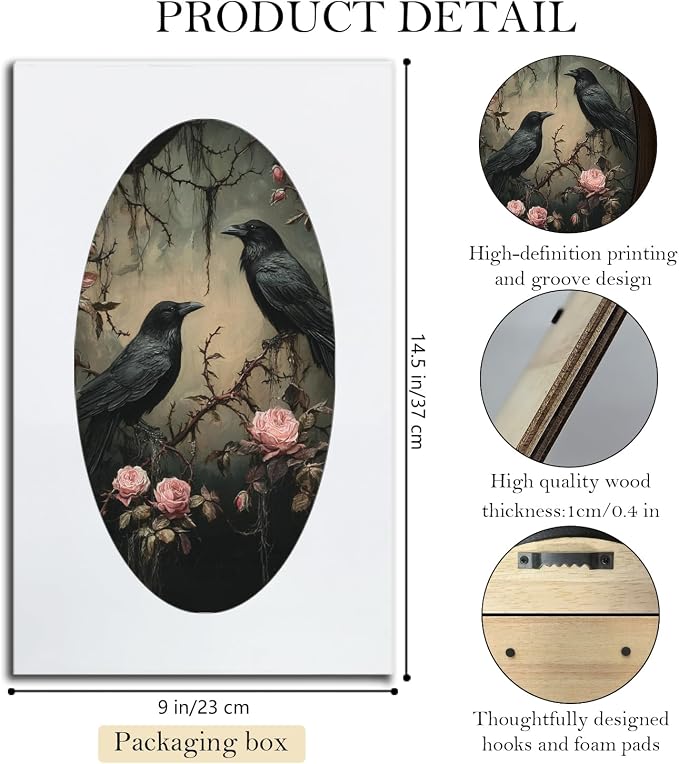 UYIKG Vintage Gothic Crow Oval Wall Art, Moody Dark Rose Crow Oval Wall Decor, Vintage Black Raven Floral Wooden Framed Decor for Home Bedroom Living Room Reading Room 9x14.6 in