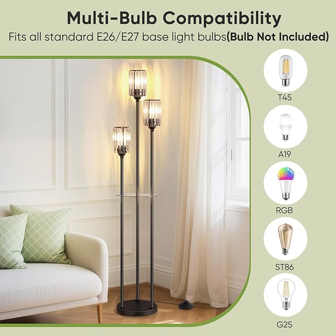 Crystal Floor Lamp for Living Room with Shelves, Industrial Modern Standing Black Lamp with Table for Bedroom, Glass Vintage Unique Tall 3-Lights Fancy Lamp with ON/Off Foot Switch Gold