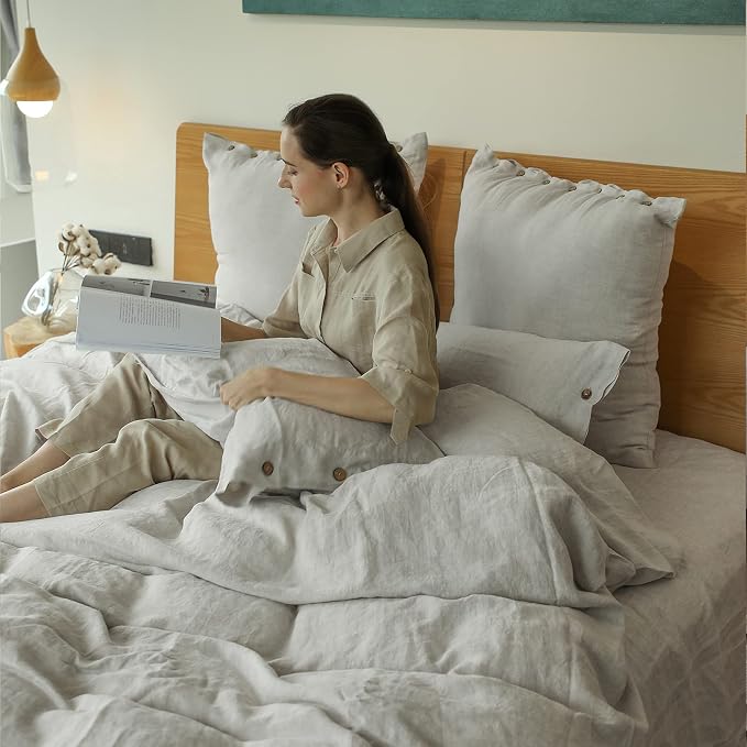 Simple&Opulence 100% Linen Duvet Cover Set 3pcs with Coconut Button Closure Natural French Washed Flax Solid Color Soft Breathable Farmhouse Bedding - Light Grey, Full Size