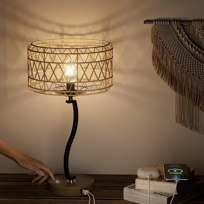 N11-2 Large Rattan Boho Table Lamp, 23" Bohemian Decor Light with USB-A & Type-C Charging Ports, Touch Control 3-Way Dimmable Farmhouse Lamp for Nightstand, Bedroom, Living Room(Bulb Included)