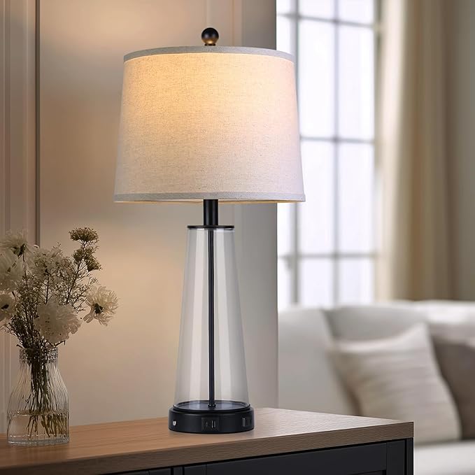 26" Glass Table Lamp Set of 2 with USB C+A Ports and AC Outlet, 3 Way Touch Modern Bedside Lamps for Night Stands, Black Nightstand Lamps for Bedroom Living Room