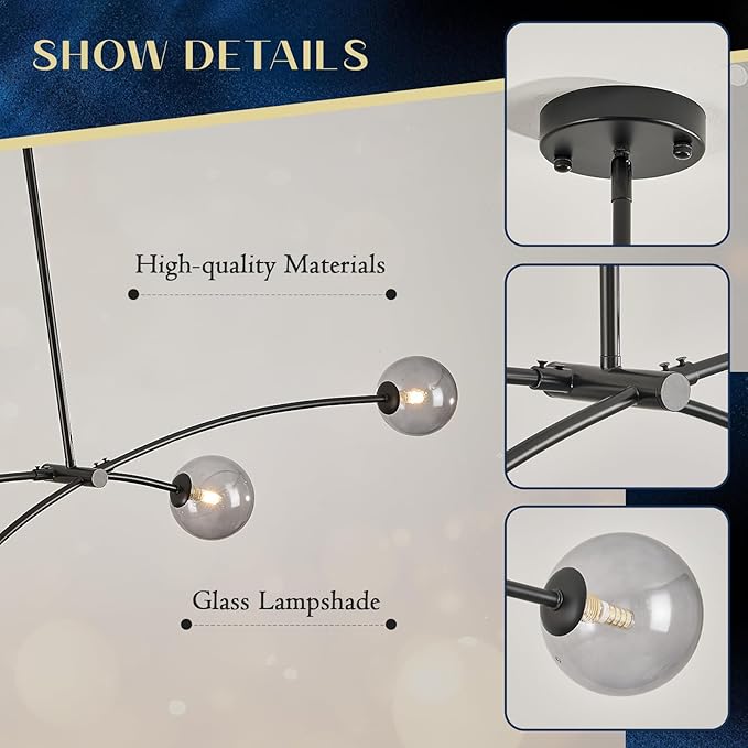 L51” Black Sputnik Chandelier Modern 4 Lights Dining Room Light Fixture Mid Century Smoke Glass Globe Ceiling Pendant Lighting Contemporary for Kitchen Island Bar Bedroom Home Office