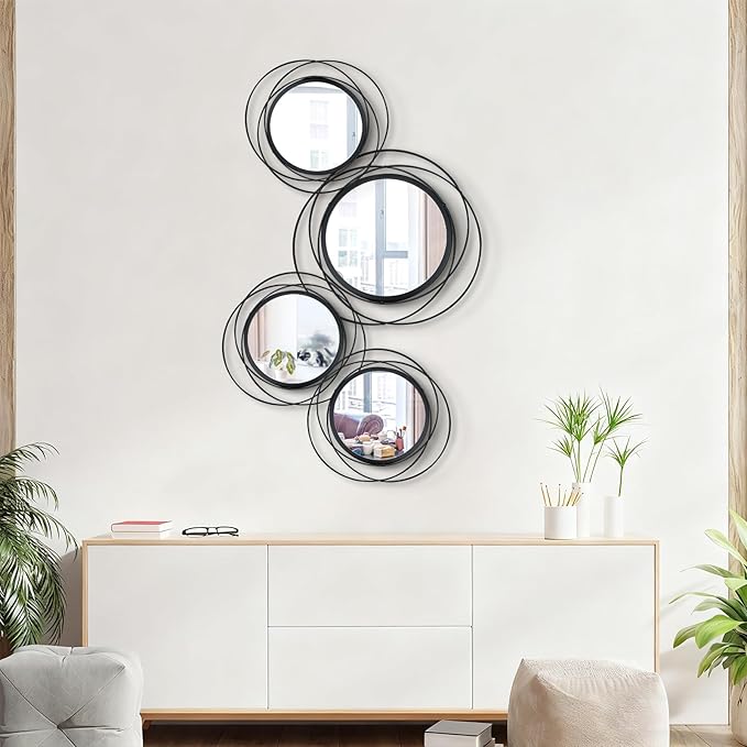 4 Set Circle Mirrors for Wall Decor for Living Room Bedroom Bathroom Entryway Metal Round Mirror Decorative Hanging Mirrors Sun Bohemian Geometric Accent Sculpture -Black 11 in/9.2 in
