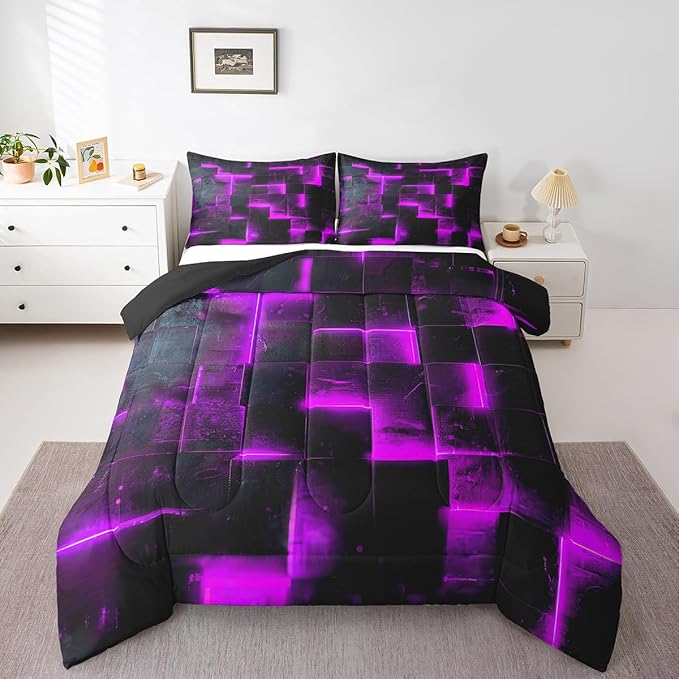 Black Purple Abstract Comforter Twin Gradient Square Twin Bedding Set, Grid Down Comforter Neon Checkered Bed Set Glowing Plaid Quilted Duvet 3D Modern Bedroom Decor 2pcs (Black Reversible)