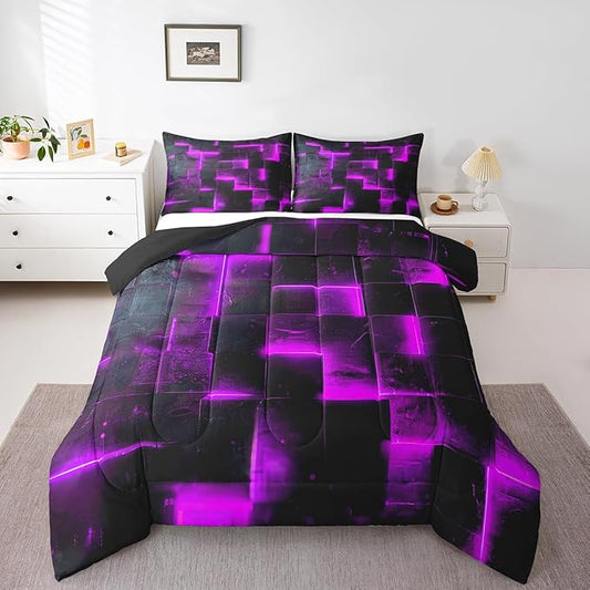 Black Purple Abstract Comforter Twin Gradient Square Twin Bedding Set, Grid Down Comforter Neon Checkered Bed Set Glowing Plaid Quilted Duvet 3D Modern Bedroom Decor 2pcs (Black Reversible)