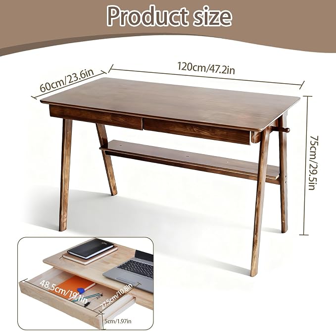 Mid-Century Modern 100% Solid Wood Writing Desk, 47" Rubberwood Home Office Computer Table & Workstation Desk with 2 Drawers, Lower Shelf & Side Hooks, 350 lbs Load, Laptop Desk