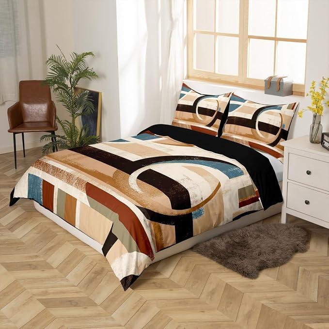 Modern Geometric Duvet Cover Set Toddler Size,Abstract Graffiti Striped Circle Bedding Set,Boys Girls Room Decor,Minimalist Aesthetic Simple Comforter Cover,Brown Quilt Cover,1 Pillowcase(No Filler)