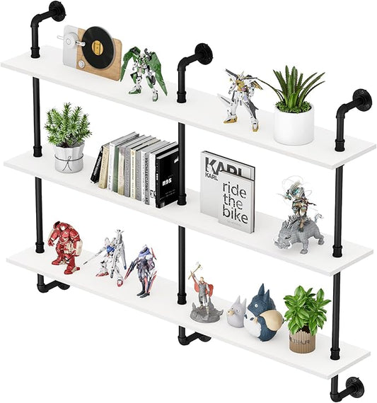 3-Tier Industrial Pipe Floating Shelf – Rustic 60 inch Wood Wall-Mounted Storage Shelf for Kitchen Office,Bathroom & Home Decor -White