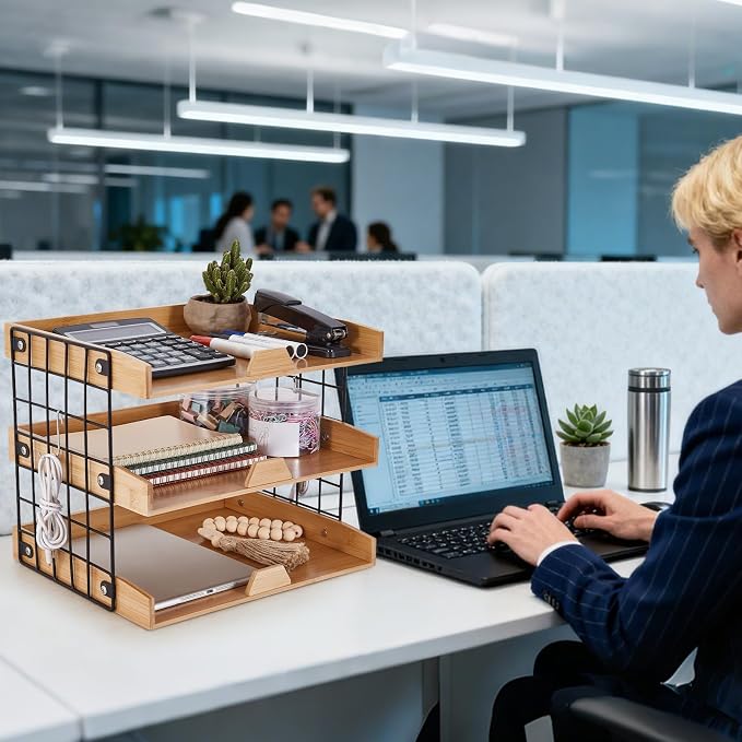 3-Tier Wood Paper Tray, Inbox Tray for Desk, Letter File Trays Desk Organize Office Supplies Accessories, Workspace Desktop Storage for Home, Office, School