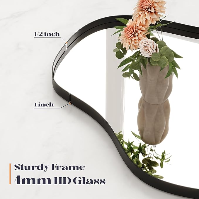 Large Irregular Wall Mirror, 28” x 50” Wavy Decorative Mirror with Modern Shaped, Black Asymmetrical Mirrors for Bathroom, Entryways, Living Room, Vanity