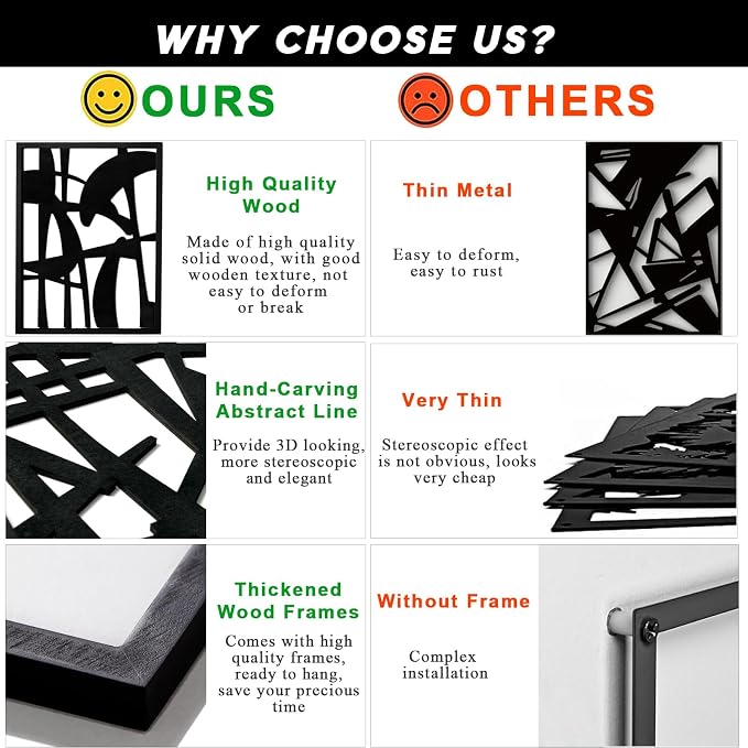 3D Wood Abstract Wall Art, Framed Black and White Wall Art, Modern Minimalist Black Wall Decor for Living Room Bedroom Bathroom Dining Room (Ready to Hang, 12x16 inches, Set of 3, Framed)