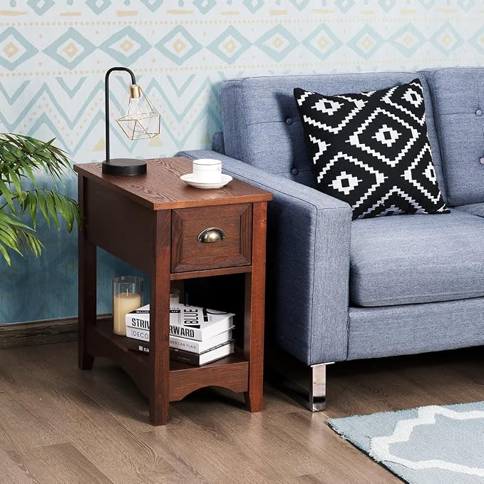 KOTEK End Table with Drawer and Open Shelf, Retro Narrow Side Table Nightstand w/Solid Wood Legs, Slim End Table for Small Space, Living Room, Bedroom, Home Office (Set of 2, Walnut)