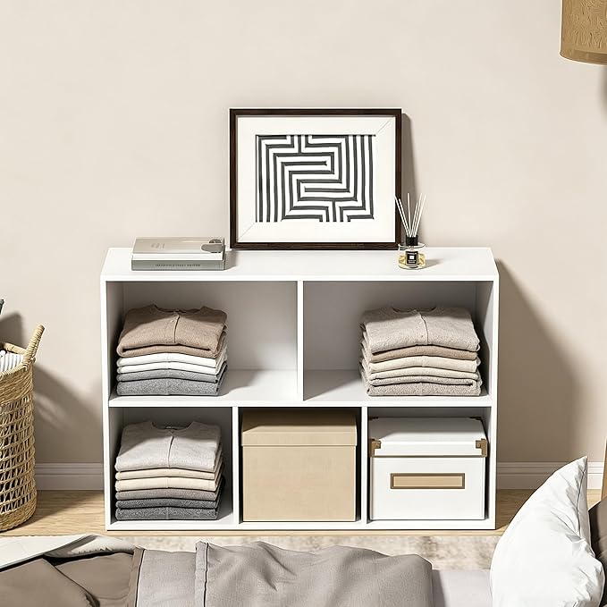 Wooden 5 Cube Storage Organizer with Closed Back Panel,White Cube Shelf Cubby Storage Organizer with Compartments for Living,Bookshelf, Easy to Install (White, 5 Cube-11in)