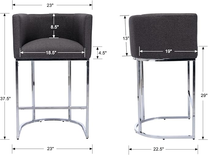 Contemporary Charcoal Linen Bar Stools Set of 3, 29" Upholstered Fabric Counter Height Barstools Kitchen Counter Island Stools with Chrome Metal Base