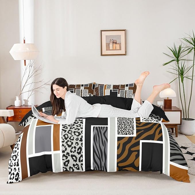 Erosebridal Brown Black Grey Leopard Bedding Set Full African Animal Leopard Skin Print Duvet Cover Cheetah Zebra Wildlife Comforter Cover for Kids Teen Adults,Geometric Stripes Patchwork Bed Set