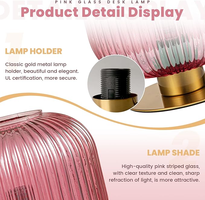 Small Bedside Table Lamp, Pink Bedside Lamp Globe Table Lamps with Striped Glass Shade, Modern Bedroom Nightstand Lamp Living Room Side Table Lamp Decorative Table Lamps for Girls Women