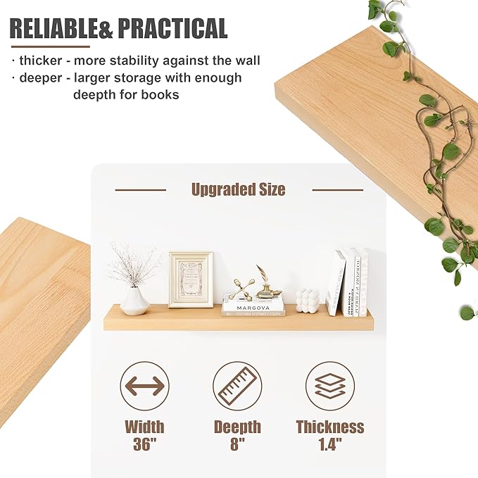 Floating Shelves for Wall, USA-Sourced Beech Wood 36 Inch Long Wall Shelves Set of 2, Natural Wooden Mounted Picture Ledge Shelf, Nursery Book Storage Shelf Kids Bookshelf, Display Shelf for Bathroom