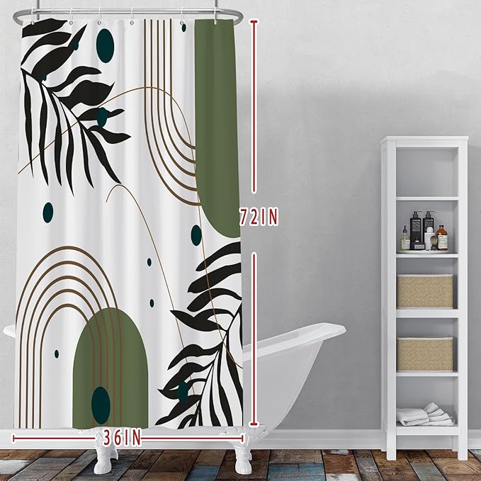Baocicoo Mid Century Boho Shower Curtain Botanical Abstract Green Leaf Shower Curtain for Bathroom Hostel Hotel Cubicle Bathtub Decor Durable Waterproof Curtain for Bathroom with Hooks 36x72 Inches