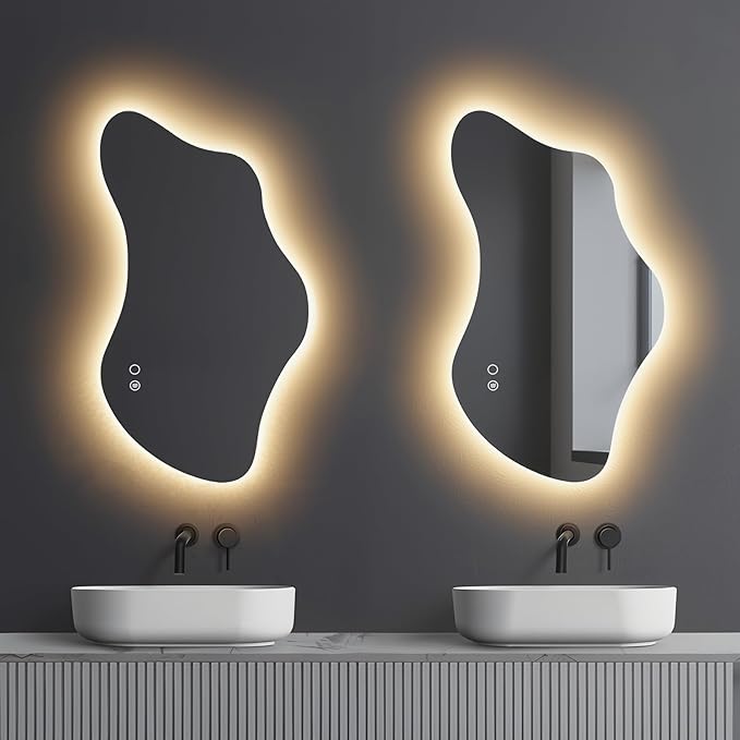 35.8in Asymmetrical Bathroom Mirror with Lights, LED Irregular Wall Mirror, Abstract Modern Lighted Vanity Mirror for Wall, Anti-Fog, Dimmable, Horizontal/Vertical