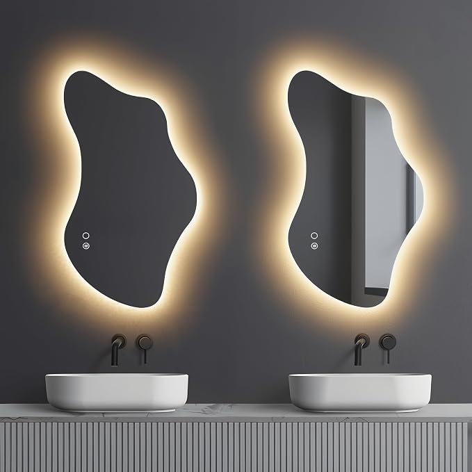 51.2″ Asymmetrical Bathroom Mirror with Lights, LED Irregular Wall Mirror, Abstract Modern Lighted Vanity Mirror for Wall, Anti-Fog, Dimmable, Horizontal/Vertical