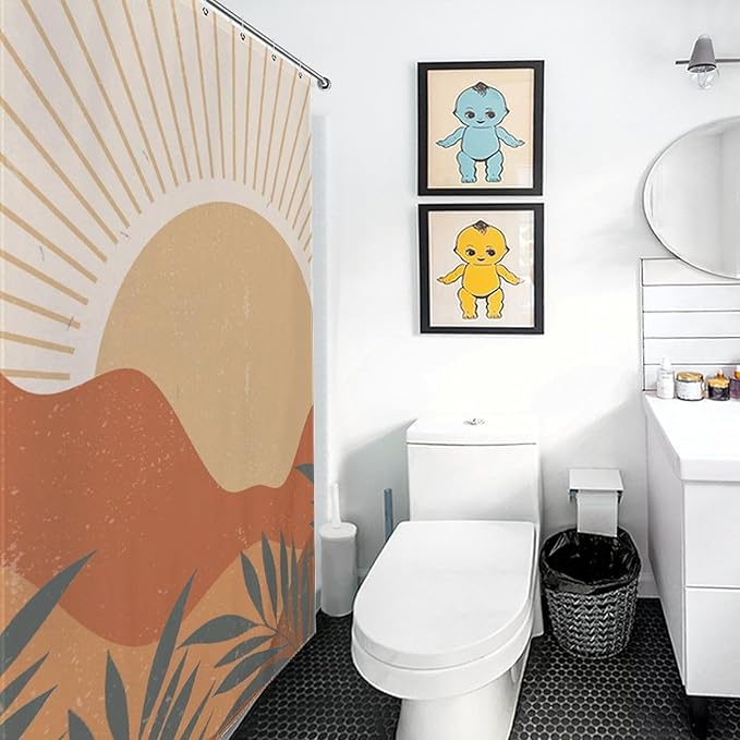 Mid Century Boho Sunset Shower Curtains Vintage Farmhouse Abstract Plant Mountain Sunset Washable Waterproof Fabric for Bathroom Decor Bathtub with 12 Hooks 55x72in（140x183cm）