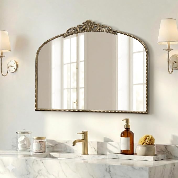 Micasso Vintage Gold Arched Mirror: 36"x29" French Baroque Antique Wall Mounted Mirror - Traditional Ornate Decorative for Wall/Fireplace/Entryway/Bathroom/Hallway - Home Decor for Living Room