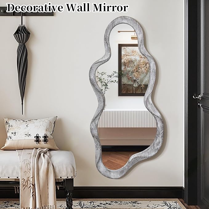 Irregular Wooden Framed Wall Mirror Modern Asymmetrical Unique Hanging Mirror Artistic Unique Cloud Shape Wall Decor Bathroom Vanity Bedroom Living Room Entryway Hallway Large 47" x 22"