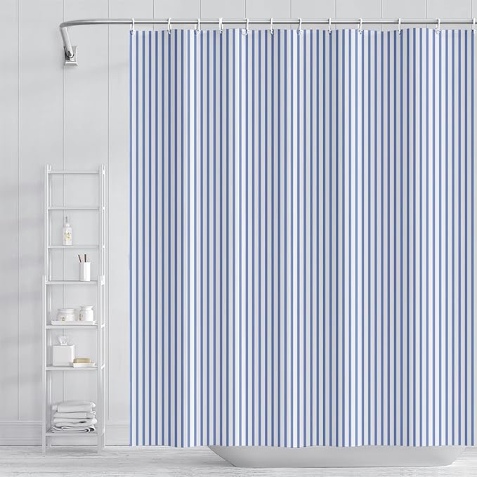 Abstract Stripes Fabric Bathroom Shower Curtain Sky Blue Lines Modern Minimalist Shower Curtain with Hooks Polyester Waterproof Artistic Decor, 60x72 Inch