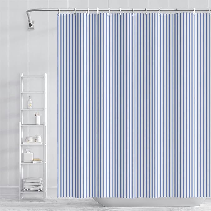 Abstract Stripes Fabric Bathroom Shower Curtain - Sky Blue Lines Modern Minimalist with Hooks - Polyester Waterproof Artistic Decor, 36x72 Inch