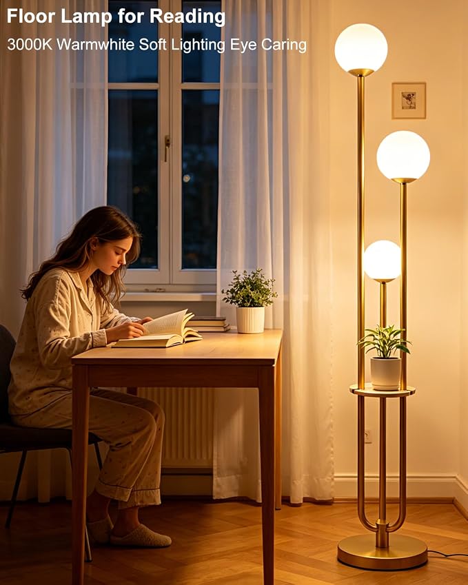 Lightdot Gold Globe Floor Lamp 3-Lights Dimmable Floor Lamps with Tray& Bulbs Included Unique Floor Lamp Modern Standing Lamps with 5Lbs Heavy Base for Living Room/Bedroom//Sofa Beside/Corner Decor