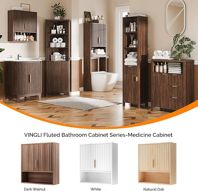 VINGLI Bathroom Wall Cabinet, Walnut Fluted Medicine Cabinet with Doors, Wall Mounted Storage Cabinet Over Toilet with Adjustable Shelf, Mid-Century Hanging Organizer for Kitchen, Laundry